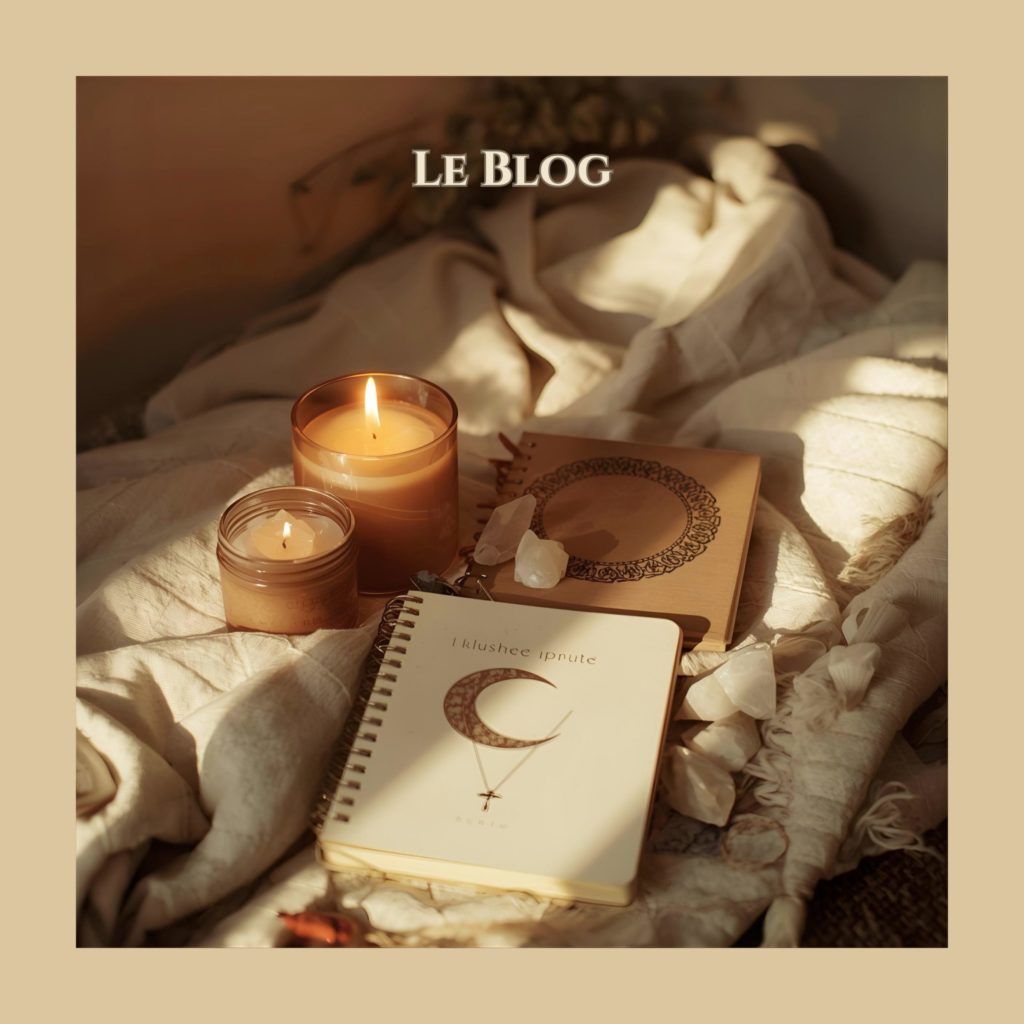 Candles glow over a cozy bed setup with a notebook, crystals, and decorative cards; 'Le Blog' text is overlayed.