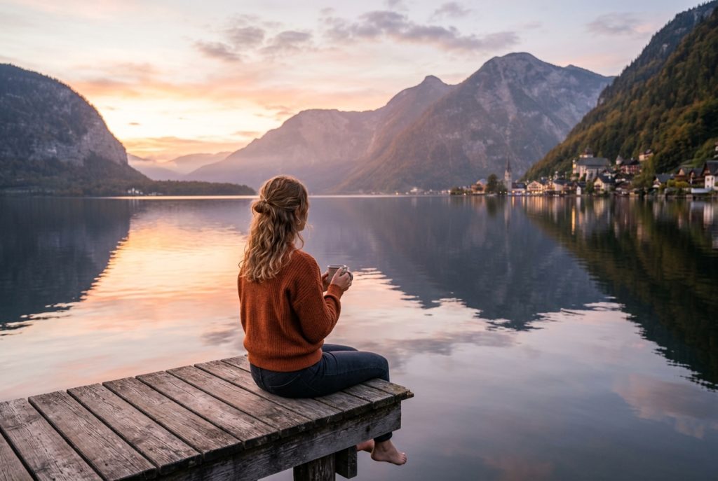 Woman in an orange sweater sits on a weathered wooden dock, holding a mug, overlooking a calm lake at sunset with mountains and a village in the distance.