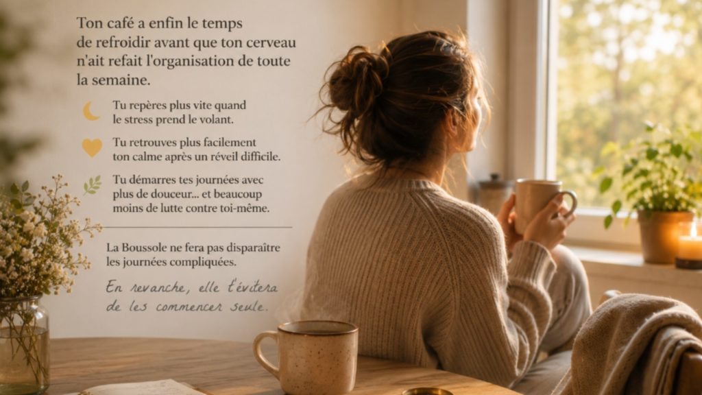 Person wearing a beige knit sweater sits with back to camera, holding a mug by a sunlit window; wall with French text and plants on a table nearby.