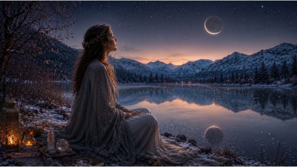 Genially la sorcière - Elles & la Lune - Elles & la Lune Woman in a flowing dress sits on a snow-dusted lakeshore at dusk, lanterns glowing as a crescent moon rises over snow-capped mountains.