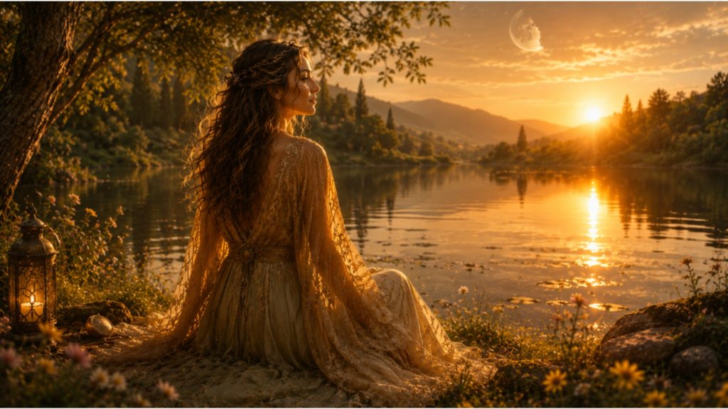 Genially lenchanteresse - Elles & la Lune - Elles & la Lune Woman in an ornate lace dress sits by a lake at sunset, lantern beside her, mountains in the distance.