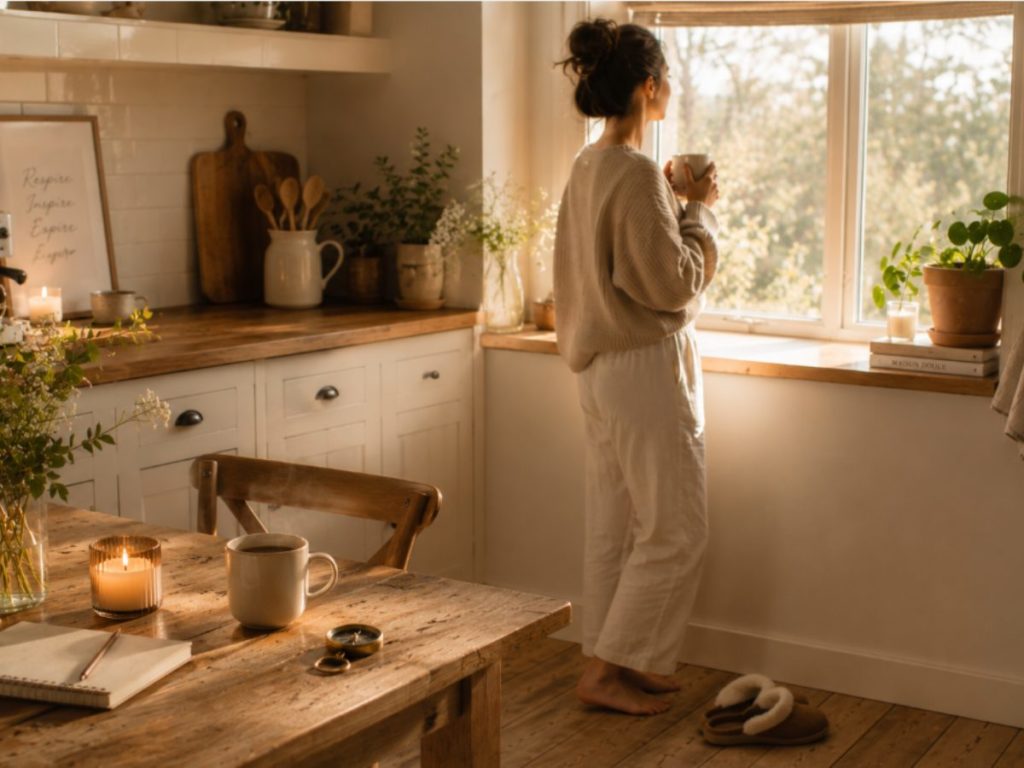 Woman standing by a sunlit kitchen window, holding a mug, with a cozy, plant-filled scene and candles nearby on a wooden table.
