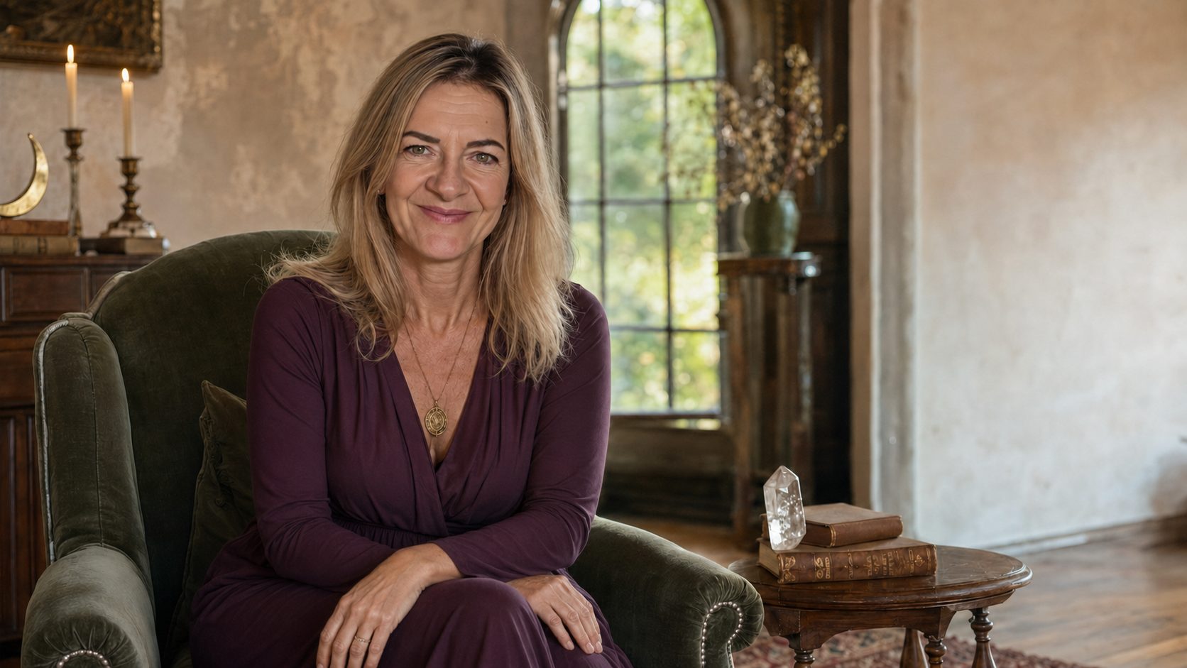 Anouk, hypnothérapeute et neurocoach, dans le salon du Manoir Elles & la Lune