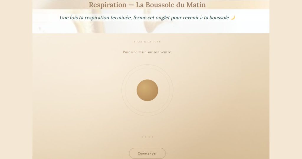Écran d’accueil d’un exercice de respiration beige: cercles concentriques autour d’un point central et bouton Commencer.