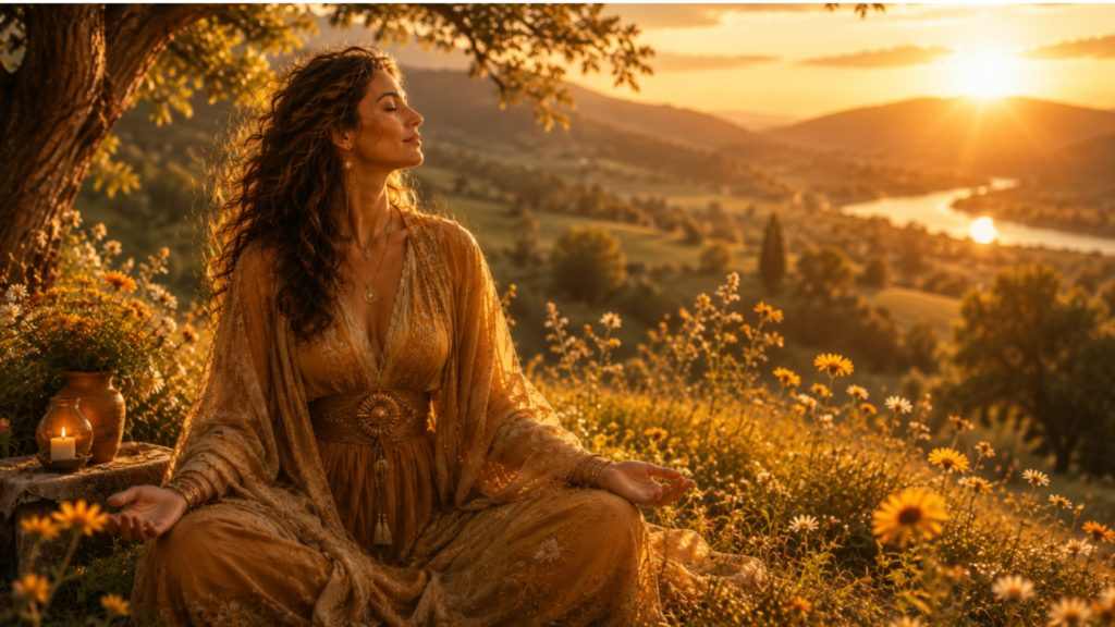 genially pdv la mère - Elles & la Lune - Elles & la Lune Woman in a flowing golden dress meditating in a sunlit field of daisies at sunset.