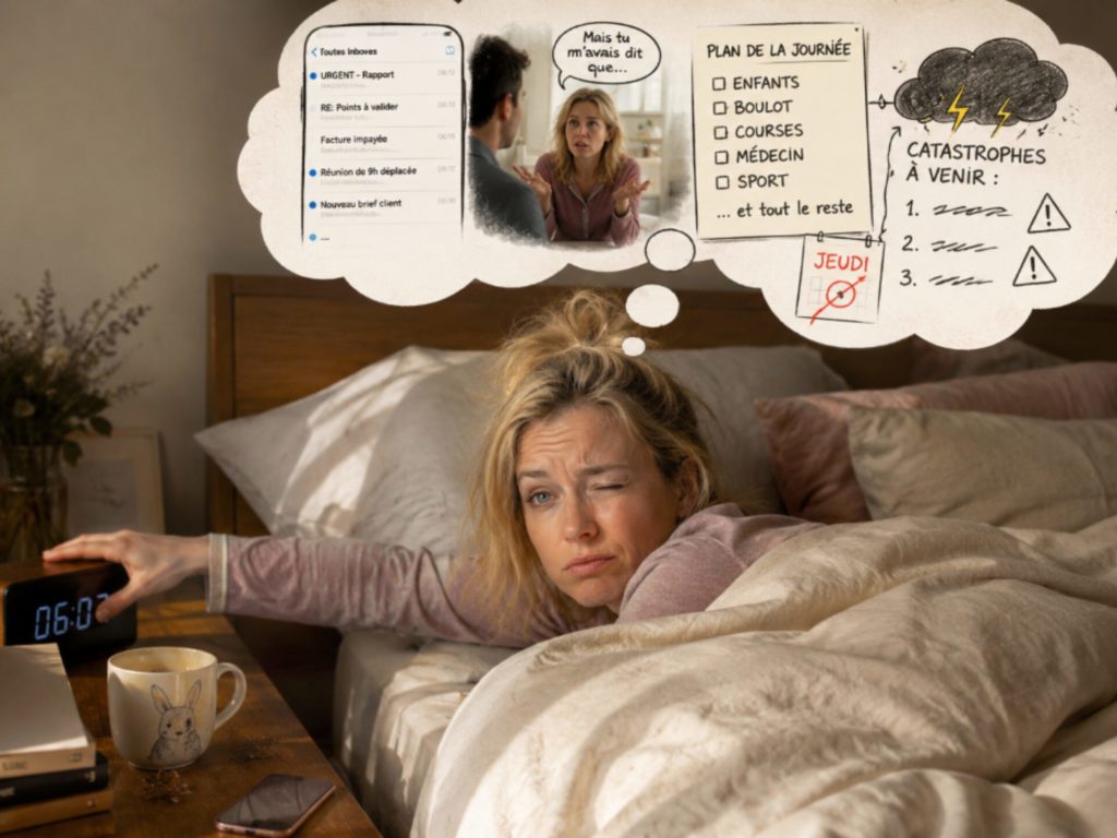 Woman in bed pointing at a clock with a phone and a drawn thought bubble showing a day plan and weather icons above the bed.