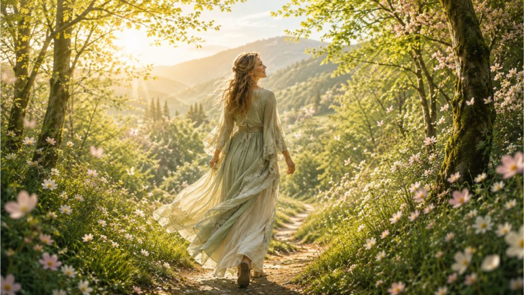 jeune fille genially intro pdv - Elles & la Lune - Elles & la Lune Woman in a flowing pale dress walks along a sunlit forest path lined with white flowers, back view
