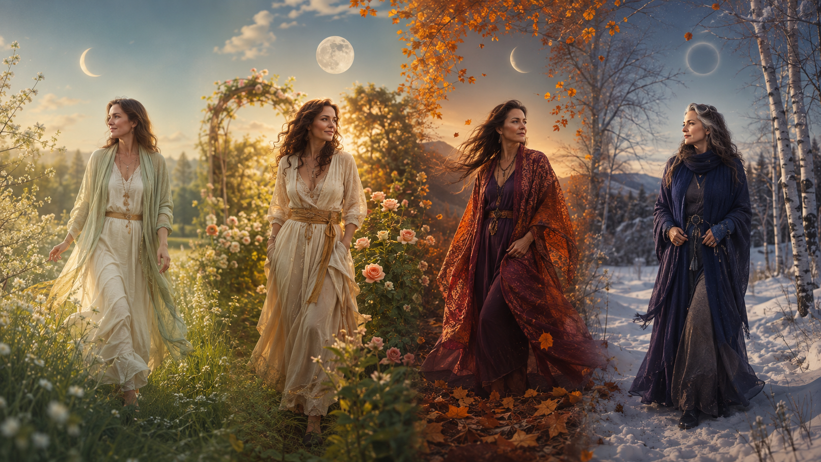La Jeune Fille au printemps, la Mère en été, l’Enchanteresse en automne et la Sorcière en hiver