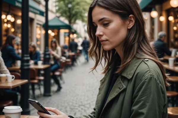 une femme qui prend rendez-vous chez Elles & Lune par téléphone avec sérénité.