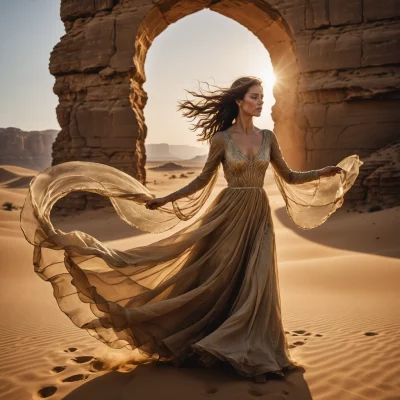 Femme puissante et sereine dans le désert sous la lune, symbolisant le pouvoir féminin retrouvé et la souveraineté après la régulation du système nerveux.