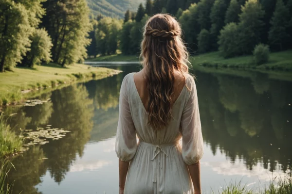 Femme debour près d’un lac, baignée de lumière dorée, dans une ambiance calme et naturelle qui évoque l’apaisement après une période difficile.