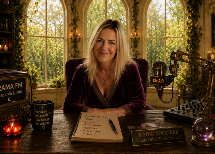 Female radio host sits at a wooden desk in a cozy, vintage studio with an orange-lit 'ON AIR' microphone and a notebook in front of her.