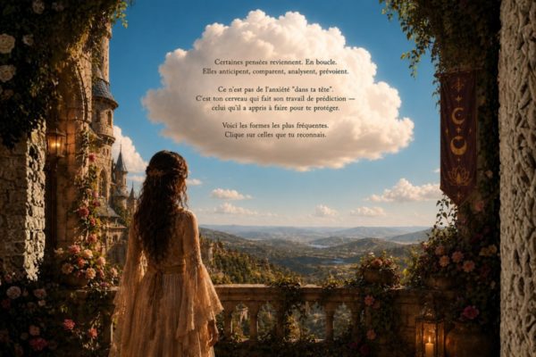 Woman in an ornate lace gown stands on a stone castle balcony, overlooking a flower-filled ledge and a valley beyond under a blue sky.
