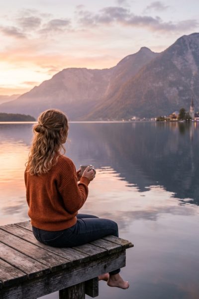 Woman in an orange sweater sits on a weathered wooden dock, holding a mug, overlooking a calm lake at sunset with mountains and a village in the distance.
