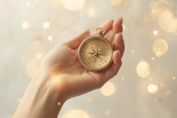 Close-up of hands holding a vintage pocket watch against a soft, golden bokeh background.