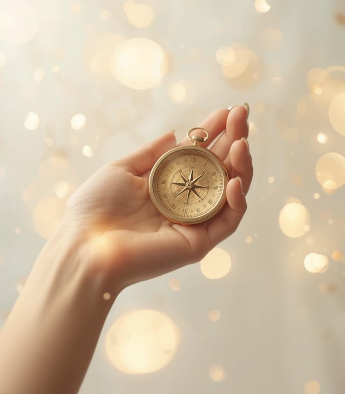 Close-up of hands holding a vintage pocket watch against a soft, golden bokeh background.