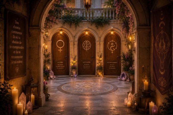 Dimly lit ornate hallway with three arched wooden doors, glowing symbols, candles, and hanging plants in a stone courtyard.
