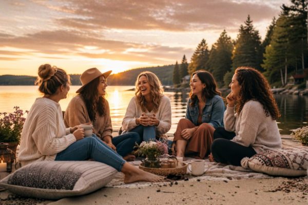 A group of women sitting on blankets by a lake at sunset, sharing drinks and chatting with trees in the background.