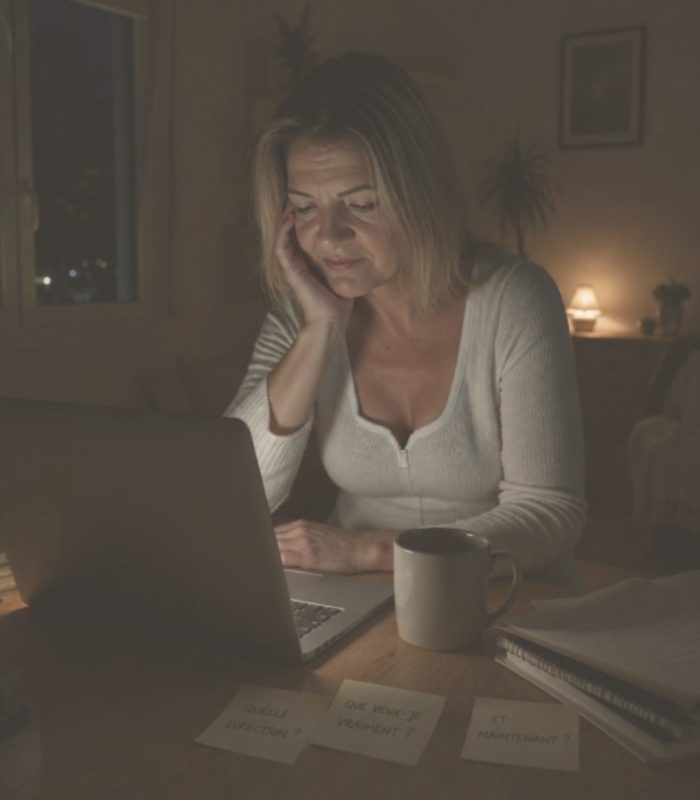 Woman working late at night at a laptop, resting her chin on her hand, with a mug and notes on the desk in a dimly lit room.