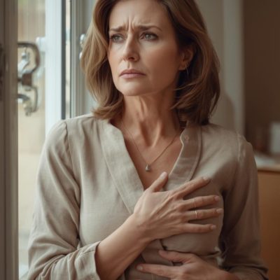 Femme ressentant de l'anxiété et de l'hypervigilance somatique, symbole du système nerveux bloqué en mode survie après une relation toxique.