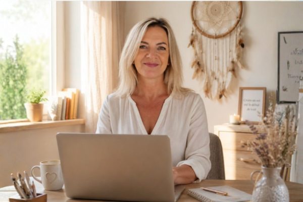 Smiling woman seated at a wooden desk with a laptop in a bright home office.